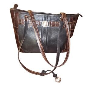 Vintage Brighton Two Tone Leather & Faux Crocodile Zip Top Handbag Tote Purse